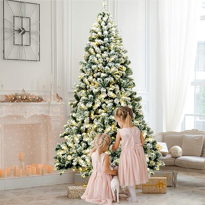HAPPYGRILL 7.5FT Pre-lit Artificial Christmas Tree Hinged Snow Flocked Christmas Pine Tree with Solid Metal Stand Flexible Branches Traditional Festival Decoration Tree