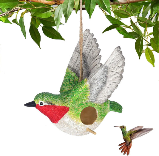 BAYN Bird House for Outside, Hanging Handcrafted Hummingbird Resin Outdoor birdhouses Humming Bird, Bluebird, Wren, Camper Hanging Houses nest cage