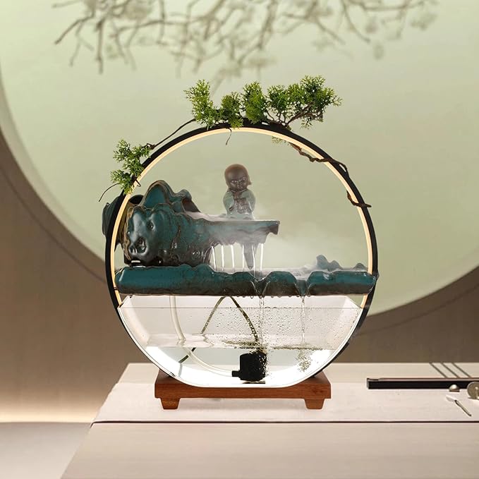 Backflow Incense Holder with Water Fountains and LED Light Indoor Water Fountains Tabletop Waterfall Fountains Desk Fountain for Feng Shui Wealth Boom with Mist for Home Office Bedroom (A)