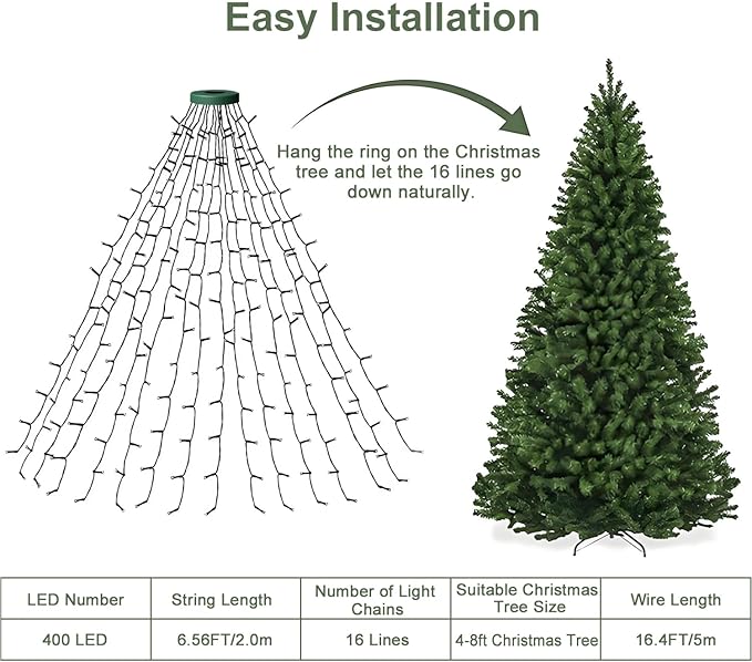 Christmas Tree Lights with Ring,6.6ft 400LED Fairy Light with Remote Control,16 Lines String Light,8 Modes,Timing Function,LED Light for 4-10ft Indoor and Outdoor Christmas Tree Decoration,Warm White