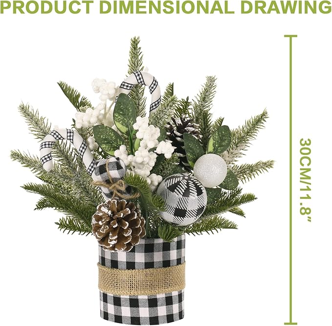 Super Holiday Small Winter Buffalo Check Plaid Christmas Tree, Artificial Mini Tabletop Christmas Tree Decorations with Xmas Ornaments, for Home Party Thankgivings Decor, Black/White-Indoor