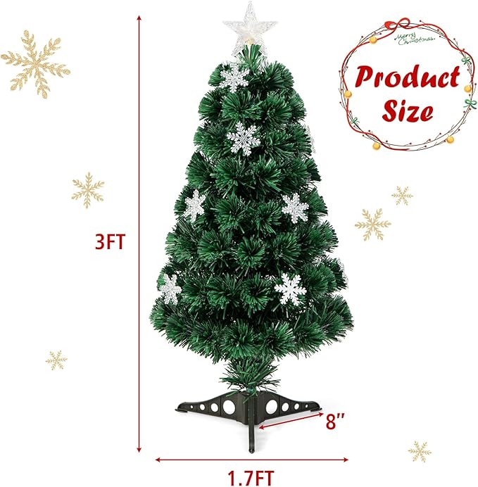 HAPPYGRILL 3FT Pre-lit Fiber Optic Christmas Tree Artificial Xmas Tree Green Christmas Tree with Star Lights, Metal Stand, Full Xmas Tree for Holiday Decoration