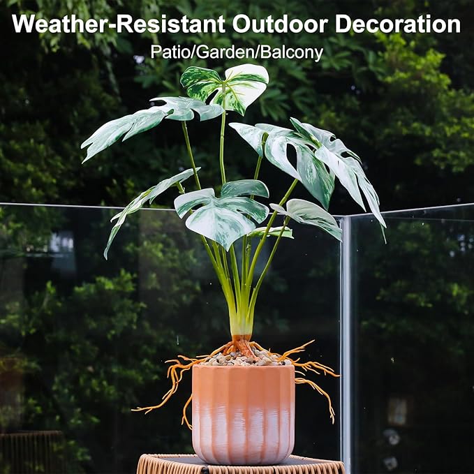 Tall Fake Monstera Plant, 8 Leaves Faux Tree in Red & White Ceramic Pot, Artificial Plants Indoor & Outdoor, Decorative Floor Plant for Living Room, House Decor