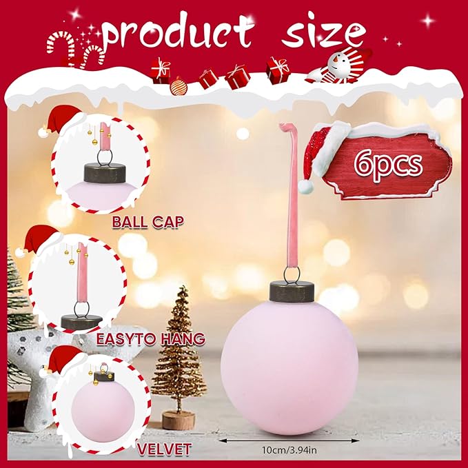 6 Pcs Velvet Christmas Balls Bulk Shatterproof Plastic Christmas Tree Decorations for Decorative Hanging Baubles (6, Pink, 3.94Inch)