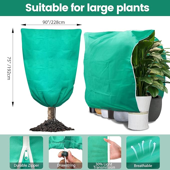 Plant Covers Freeze Protection, 75"W x 90"H Large Frost Cloth Blankets 2.47oz/yd² with Zipper Drawstring, Reusable Frost Tree Covers Shrub Jackets for Winter Outdoor Plants Potted Fruit Tree