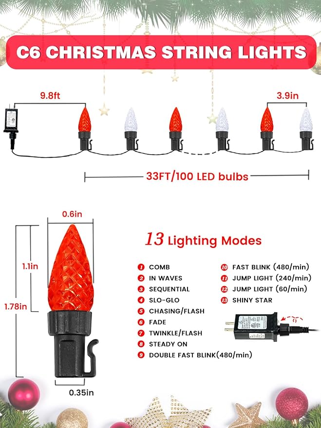 2 Pack C6 Christmas Lights Outdoor Indoor, Total 200 LED 66 FT Connectable Christmas String Lights with Timer & 13 Modes, Waterproof Twinkle Light for Xmas Tree Party Yards Decorations (Red and White)
