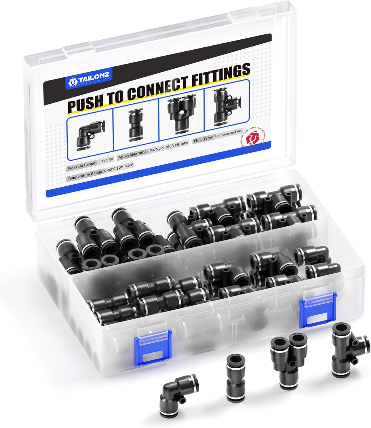 TAILONZ PNEUMATIC Black 1/4 Inch od Push to Connect Fittings Pneumatic Fittings Kit 10 Spliters+10 Elbows+10 tee+10 Straight (40 pcs)