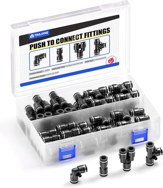 TAILONZ PNEUMATIC Black 1/4 Inch od Push to Connect Fittings Pneumatic Fittings Kit 10 Spliters+10 Elbows+10 tee+10 Straight (40 pcs)