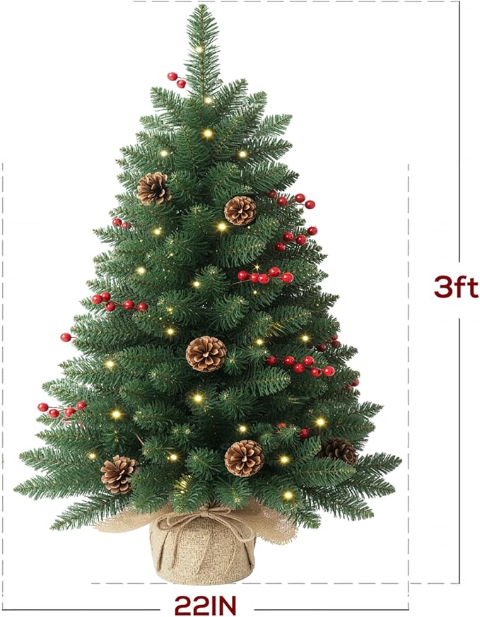 3FT Pre-lit Artificial Small Mini Christmas Tree with Warm White Multi-Color LED Lights, Remote Control and Timer, Perfect for Xmas Tabletop Decorations, Home, Kitchen, Dining Table top