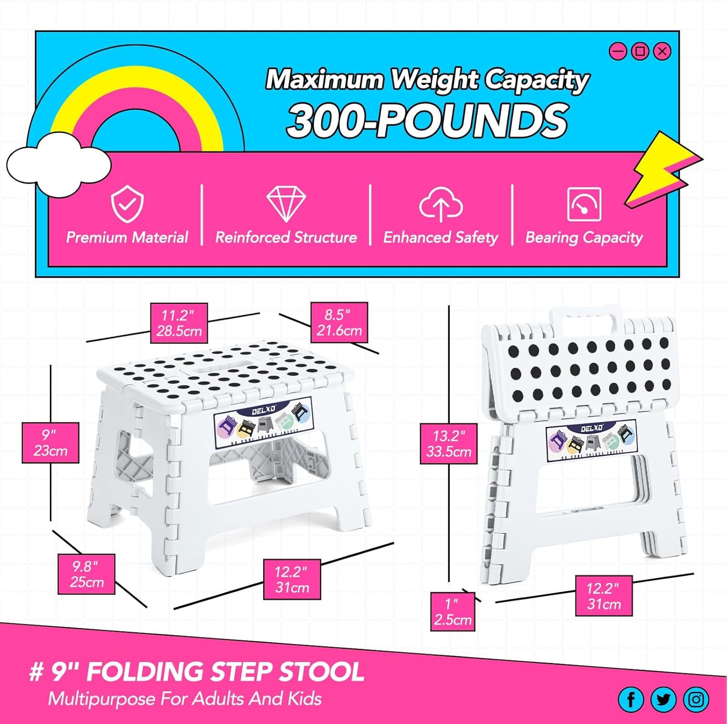 Delxo 9 Inch Folding Step Stool,White Step Stools for Kids Foldable,Portable Collapsible Step Stool with Handle, Folding Stool for Kitchen Bathroom,Bedroom,Garden