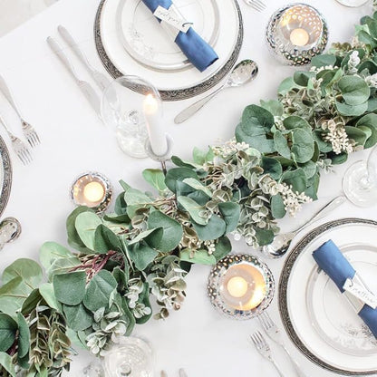 Ouddy Decor Eucalyptus Garland 6.56 Ft Lush Silver Dollar Leaves Boxwood with White Buds Artificial Faux Greenery Vines for Baby Shower Wedding Party Table Runner Room Home Mantle Decor