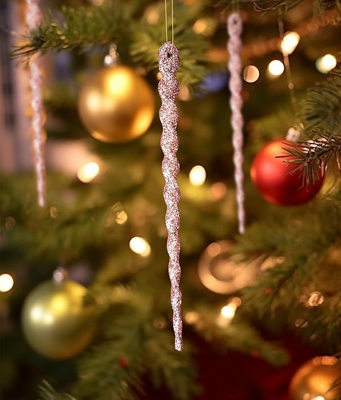 AMS Sparkling Glitter Plastic Icicle Ornaments 30 PCS Twisted Icicles Decoration Christmas Tree and Holiday Xmas Party Hanging (5.1'', Pink)
