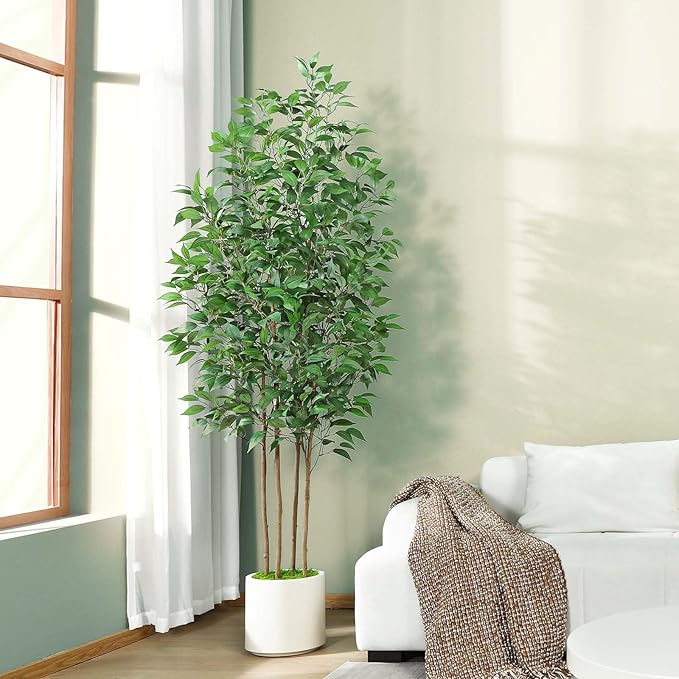 Ficus Artificial Tree 7ft Fake Silk Plant for Home Decor Indoor, Faux Tree in White Imitation Ceramic Planter Fake Floor Plant for Living Room and Home Office Corner Indoor Decor, Set of 1