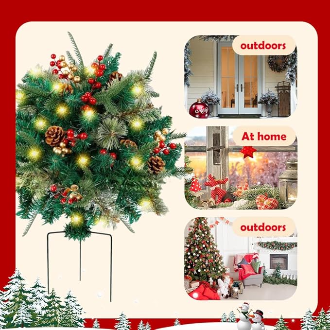 Artificial Christmas Urn Filler with LED Lights, 2026 Upgraded Pre-lit Christmas Tree Planter Filler, Holiday Greenery with Pinecones Berries, Pot Fillers Outdoor Front Porch Xmas Decor (16 in)