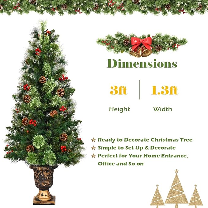 GOFLAME 3ft Prelit Pathway Christmas Tree with 40 LED Lights, Artificial Christmas Tree with Metal Stand, 100 Branch Tips, Pine Cones and Red Berries, Entrance Tree for Indoor and Outdoor Decoration