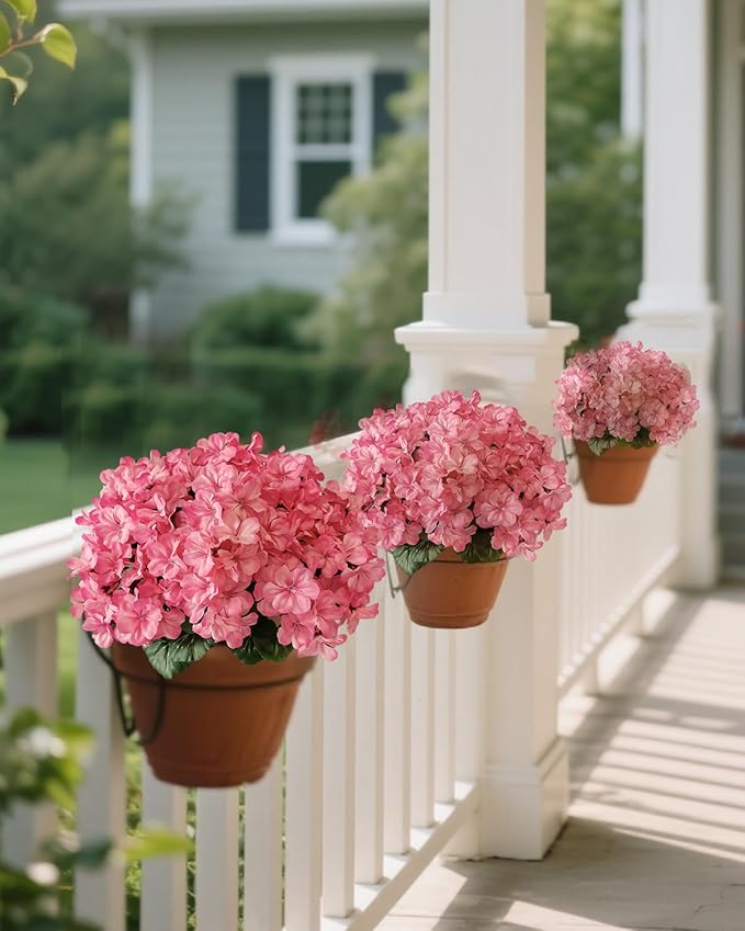 6 Bundles Faux Geranium Flowers Outdoor UV Resistant Pink Silk Artificial Geraniums, Perfect for Garden Plants, Home & Kitchen Table Centerpieces Deco, Porch, Patio, Yard & Balcony.