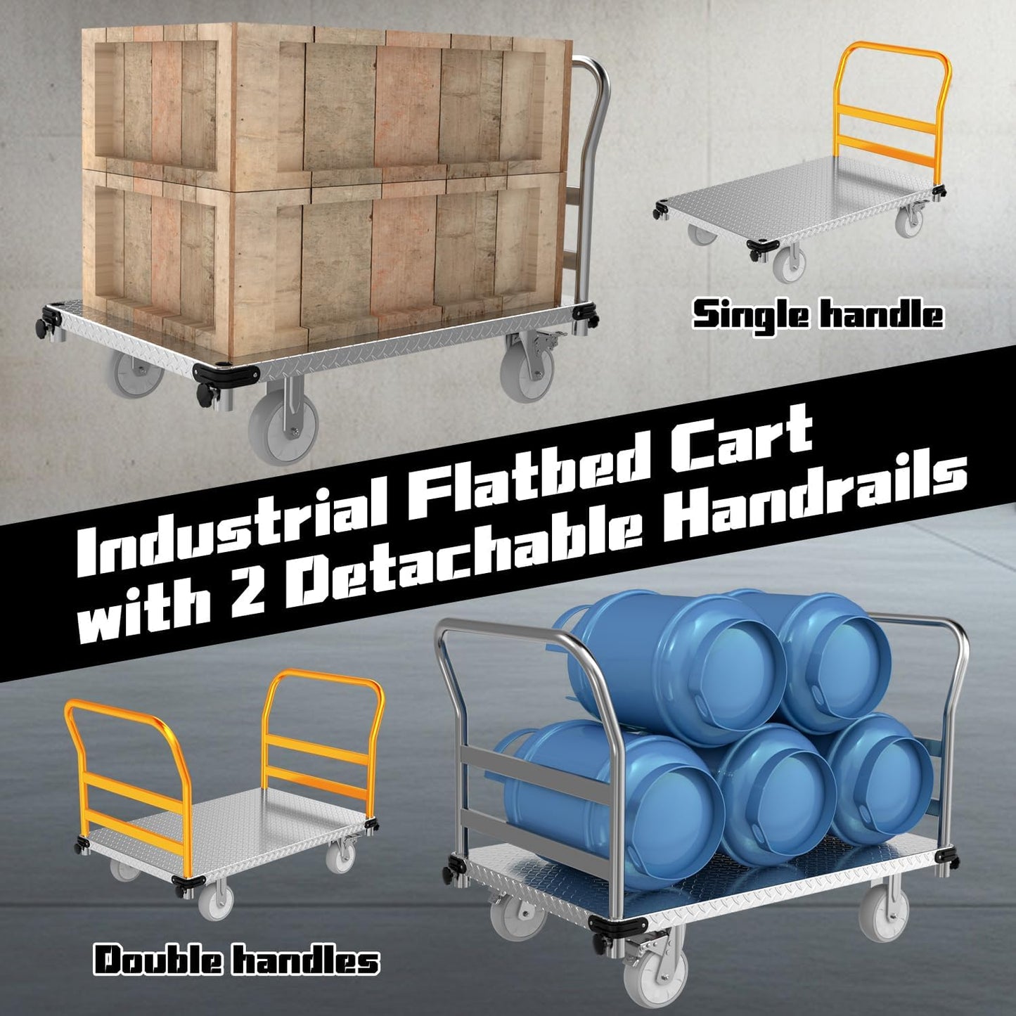 Platform Truck 3000LBS Capacity Industrial Flatbed Cart with 2 Detachable Handels, 44" x 28" Push Dolly with 6" Rubber Swivel Wheels, Heavy Duty Flat Cart Hand Truck for Industrial and Commercial