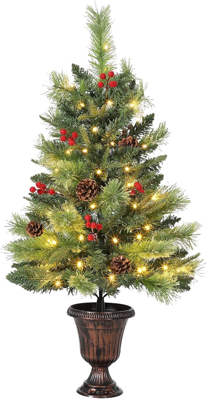 GarveeHome 3 Ft Artificial Mini Christmas Tree, Tabletop Christmas Tree with 70 LED Warm Lights, Mini Xmas Tree with Pine Cone & Red Berry for Tabletop, Home, Office, Holiday, Indoor and Outdoor Decor