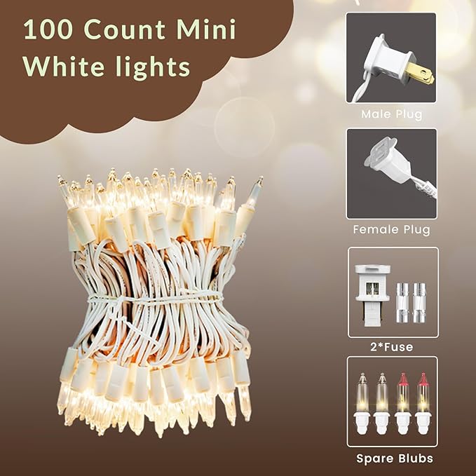 Clear Mini Green Wire Christmas Lights - UL Listed Connectable String Lights for Indoor and Outdoor Use for Xmas Trees Wreath Holiday Garden Decorations (1, White Wire Clear)