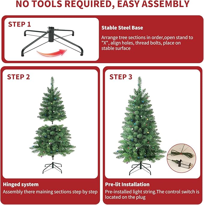 4FT Christmas Tree LED Bulbs Pre-Lit, Premium Artificial Christmas Tree with Lights, Decorated Xmas Tree with Tripod Stands for Indoor Home Office Party Holiday Decoration, ETL Listed