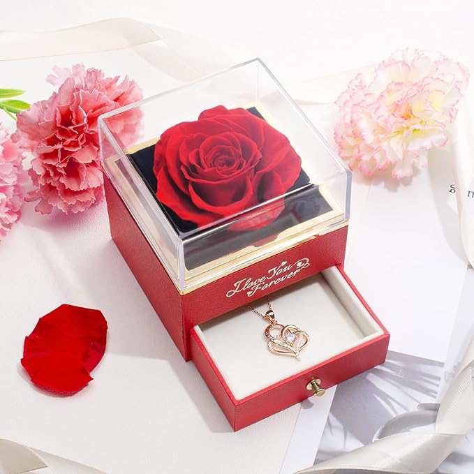 WILDLOVE Forever Real Rose with Heart Necklace, Preserved Flowers Gifts for Mom, Wife and Girlfriend on Christmas, Mother's Day, Birthday for Women