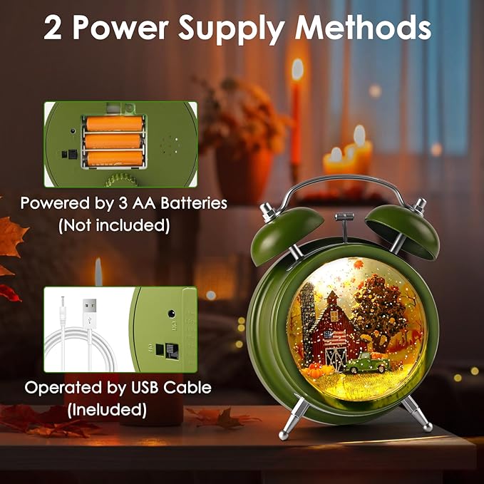 Alarm Clock Fall Snow Globe, Lighted Snow Globe Lantern 6H Timer Thanksgiving Snow Globe Thanksgiving Decorations Fall Decor (Green)