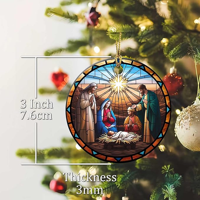 Nativity Night Ornaments Round Ceramic Stained Glass Style Birth of Jesus Christ Ornament Christmas Keepsake Decor for Christmas Tree Winter for Women Men Xmas Hanging Ornament 3"