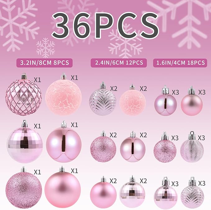 LANGXUN 36pcs Light Pink Christmas Tree Decorations Balls, Bolas De Navidad, 2025 Christmas Decor, Indoor Outdoor Shatterproof Christmas Ornaments, Xmars Party Wedding Suppiles