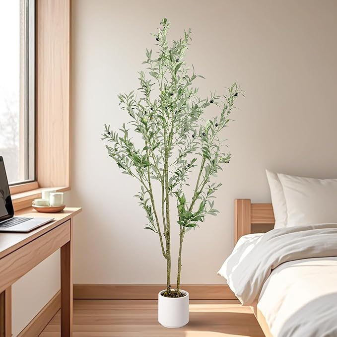 Artificial Fake Olive Tree 6FT Tall 1Pack with White Planter Faux Silk Olive Tree for Home Living Room Office Decor Faux Artificial Plants Indoor with Fruit & Free Moss