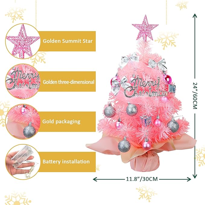 Small Mini Christmas Tree Pink with 50 LED Lghts 24 Inch /2FT Tabletop Artificial Christmas Tree Decorated Gift Boxes and Hanging Ornaments for DIY Christmas Decoration