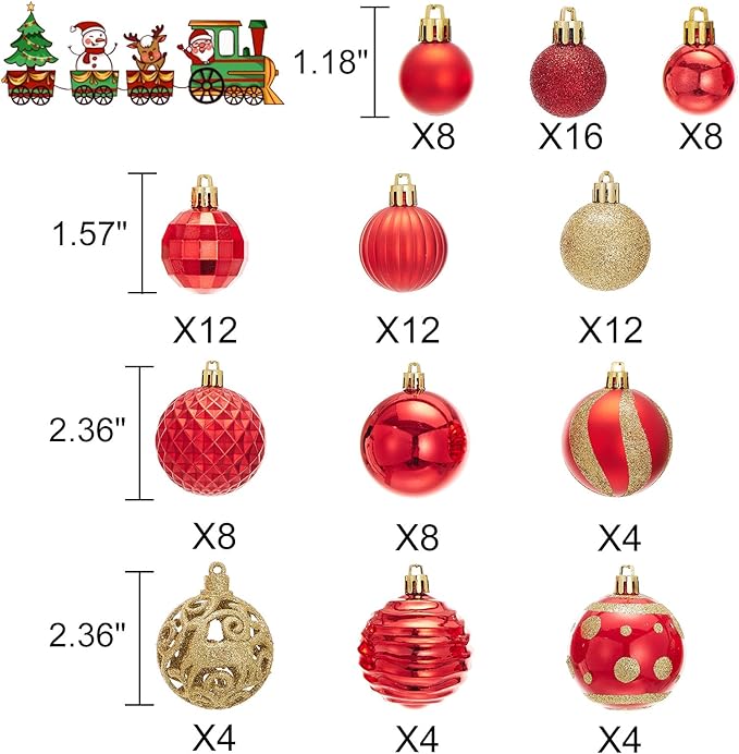 100PCS Christmas Ball Ornaments, Assorted Shatterproof Christmas Tree Decorations, Seasonal Decorative Hanging Baubles Decor Set for Xmas/Holiday/Party, Glitter&Painting Ornament Set (Red Gold)