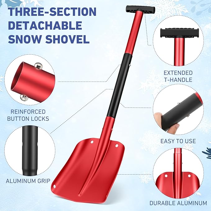 Gisafai 1 Pcs 34'' Detachable Emergency Snow Shovel for Car Aluminum Extendable Collapsible Snow Shovel Emergency Car Cleaning Equipment Suitable for Truck SUV Van Camp Outdoor (Red)