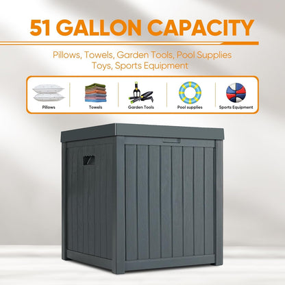 51 Gallon Resin Deck Box, Outdoor Storage Box Waterproof for Patio, Garden, Pool, and Deck, Storage Solution for Cushions, Tools, Delivery Packages, Grey