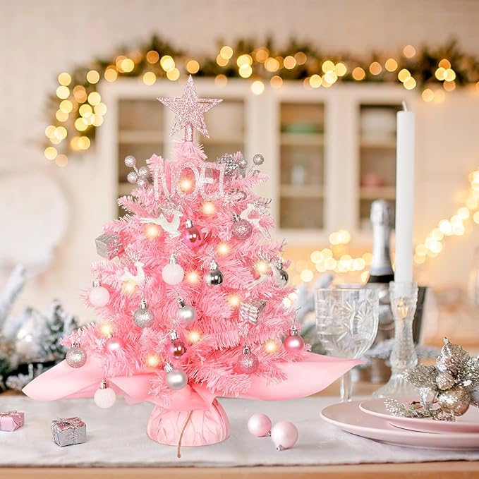 Wangchao Craft 20" Mini Pink Christmas Tree, Artificial Small Table Top Warm Lights, Star Treetop and Ornaments, Tabletop Christmas Tree for DIY Pink Christmas Decoration Gifts