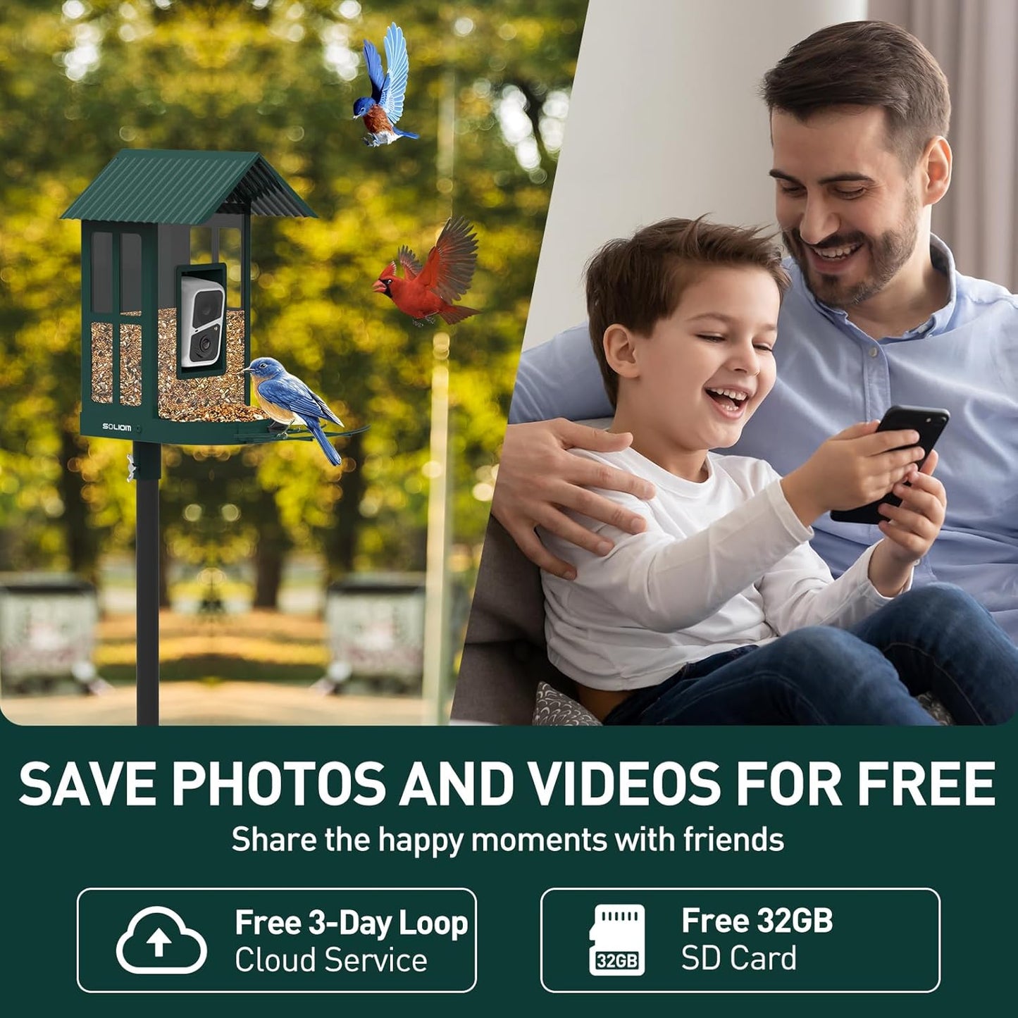 Soliom- Bird Feeder with Camera, 5W Solar Powered, AI Identify Species, Smart Wild Bird Watching, 2K Live View, Instant Arrival Alerts,Large 2.7L Seed Capacity, Metal Squirrel Chew-Proof - BF08 Green