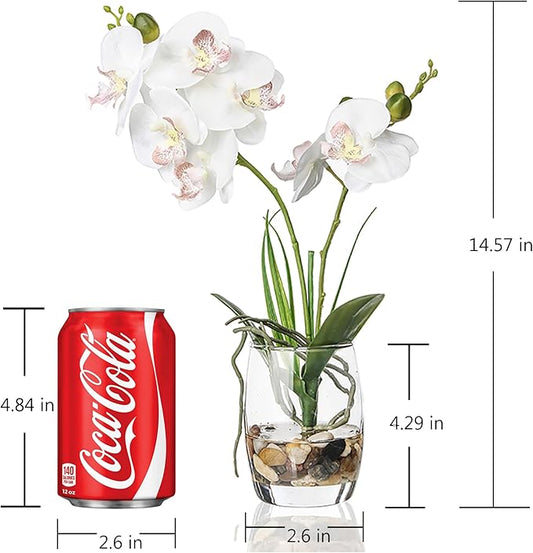 Jusdreen White Orchid Centerpiece in Glass Vase, 14.5 Inch Artificial Phalaenopsis with Potting for Home Office Decor, Table Centerpiece