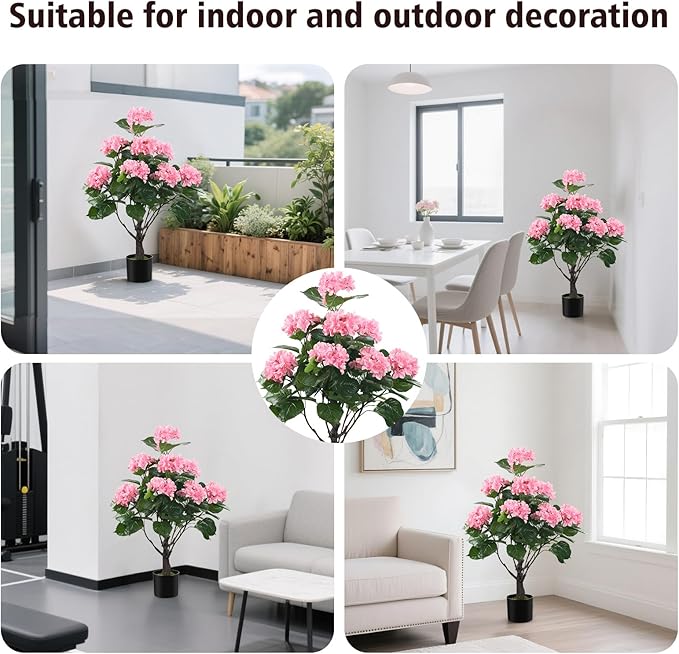 Romantic Season 38" Artificial Hydrangea Tree in Pot, Faux Potted Silk Hydrangea Plant for Indoor Outdoor Decoration, Lifelike Artificial Flower Tree for Home, Office, Patio, Garden Decor, Pink