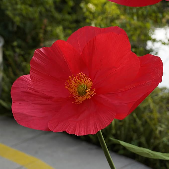 Large Paper Artificial Flowers,Giant Flowers for Decoration,Huge Handcrafted Poppy Fake Flowers with Stand for Home Decor Bridal Shower Party Outdoors Yard Event Backdrop Decor (red)