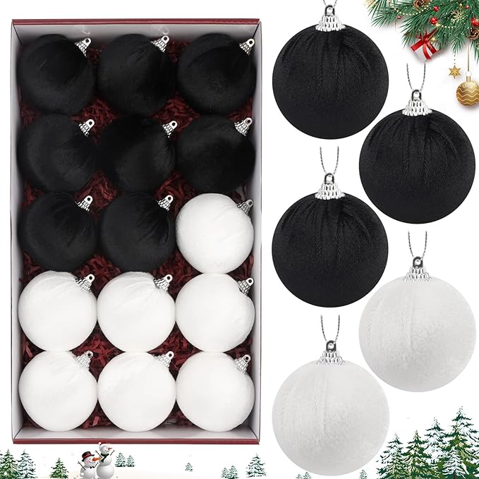 Woration 15pcs 2.36inch Velvet Christmas Ornaments Balls Set Xmas Tree Hanging Decoration Shatterproof Balls for Home Party Holiday (White, Black)