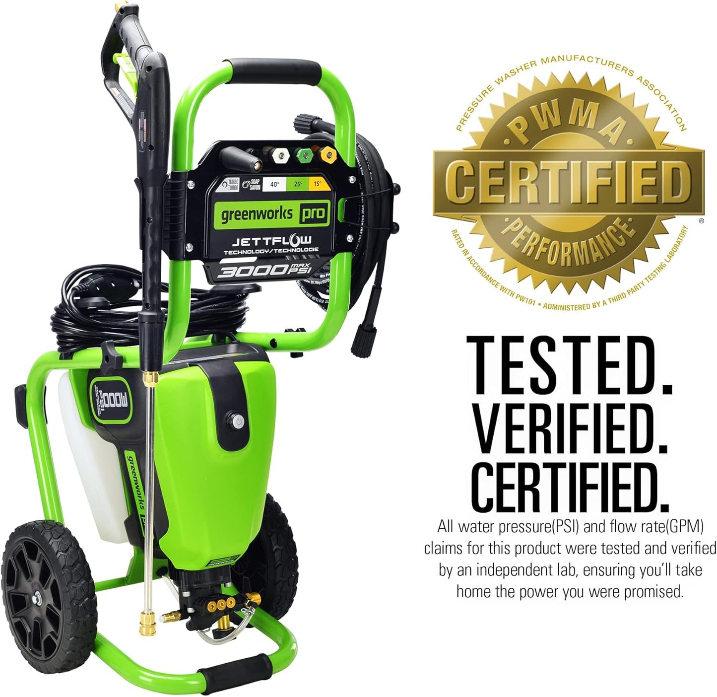 Greenworks Pro Brushless 3000 PSI (CSA Certified) 2.0 GPM Max / 1.1 GPM Electric Pressure Washer (Rugged Steel Frame, 25 FT Hose, 35 FT GFCI Power Cord)
