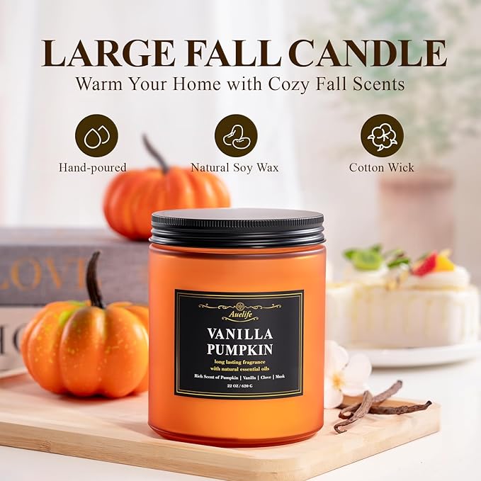 Auelife Fall Candle, Vanilla Pumpkin Scented Candles – 22oz Large 3-Wick Soy Candle, Long Lasting Autumn Aromatherapy Candles for Home Décor, Thanksgiving & Holiday Gift for Women & Men