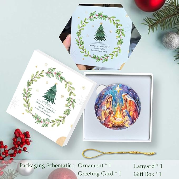 Nativity Night Ornaments Nativity Scene Round Ceramic Watercolor Birth of Jesus Christ Hanging Ornament Christmas Keepsake Decor for Xmas Tree Winter Holiday Xmas Gift for Women Men 3"