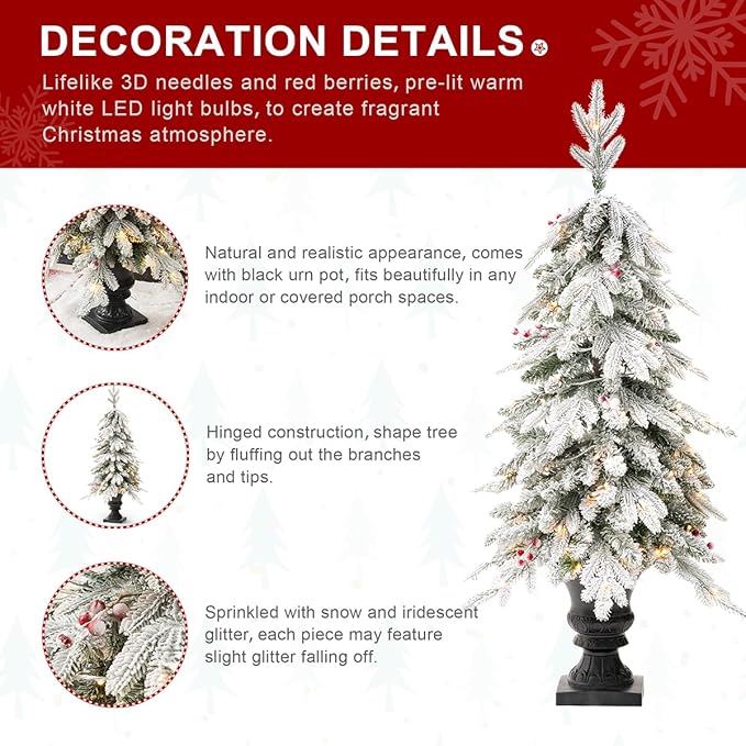 Glitzhome Set of 2 4ft Christmas Tree, Small Christmas Tree Flocked Fir Potted Tree Prelit Artificial Christmas Tree for Entrance with 100 Warm White Lights, 313 PE&PVC Branch Tips and Red Berries