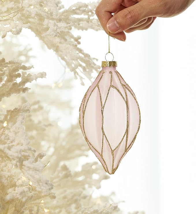 WDS WONDROUS Christmas Ball Ornaments, Vintage Ball & Teardrop Xmas Tree Ornament Set, Hanging Assorted Glass Balls for Holiday Home Party Decor (9Pcs, Pink & Gold Line)