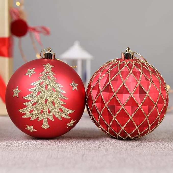 SHareconn 100MM/4 Inch 9PCS Large Christmas Balls Ornaments, Shatterproof Plastic Hanging Big Baubles Set for Xmas Tree Decoration Holiday Party Wedding Decorations with Hook,Red and Gold
