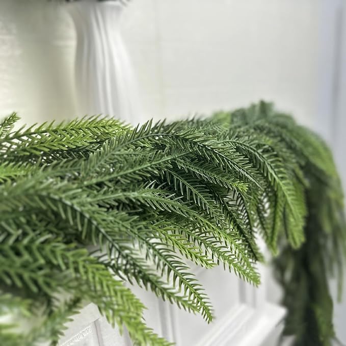 Christmas Norfolk Pine Garland 6 Ft Artificial Real Touch Norfolk Pine Garland Realistic Green Faux Greenery for Mantle Fireplace Stairs Table Christmas Decorations Indoor Outdoor Winter Holiday Decor