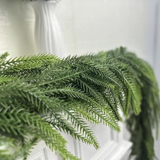 Christmas Norfolk Pine Garland 6 Ft Artificial Real Touch Norfolk Pine Garland Realistic Green Faux Greenery for Mantle Fireplace Stairs Table Christmas Decorations Indoor Outdoor Winter Holiday Decor