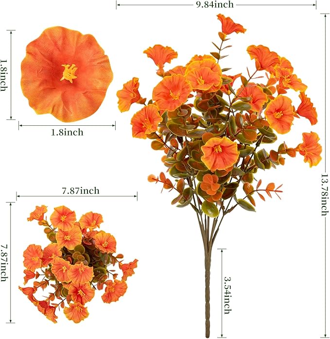 Lnoicy Artificial Fall Mums 12 Bundles Eucalyptus Fake Flowers for Planter,Fake Morning Glory for Halloween Home/Porch/Garden Decoration (Fall Orange)