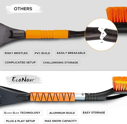 EcoNour 27" Car Snow Brush and Ice Scrapers for Car Windshield (Orange - 2 Pack) | Scratch Free Bristle Head Snow Brush & Tough Window Snow Scraper with Aluminium Body