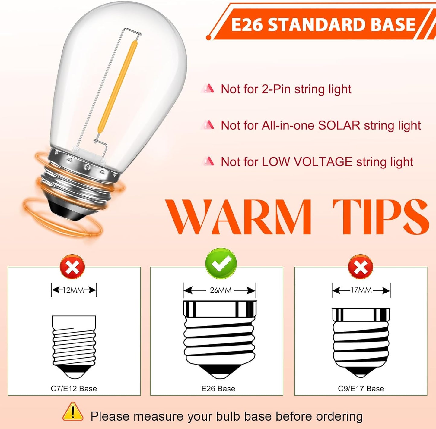 64 Pack LED S14 Replacement Light Bulbs, Shatterproof 1W Vintage Edison Bulbs for Outdoor Patio Backyard String Lights, Dimmable, E26 Screw Base, 2200K Warm White